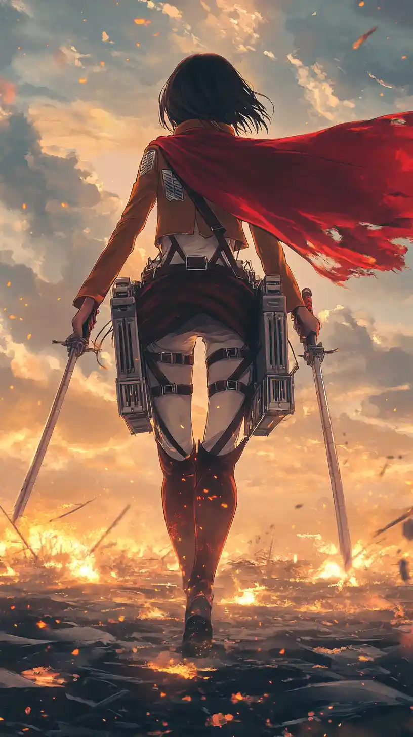 Anime warrior woman walking through burning apocalyptic ruins