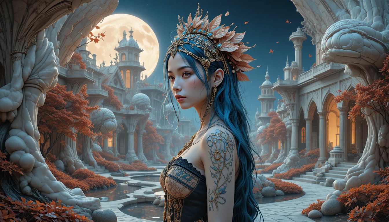 Blue haired pin up girl in gothic dress under moonlight