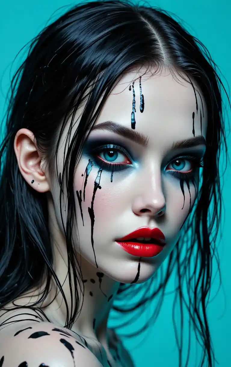 Woman with painted face and wet black hair close up