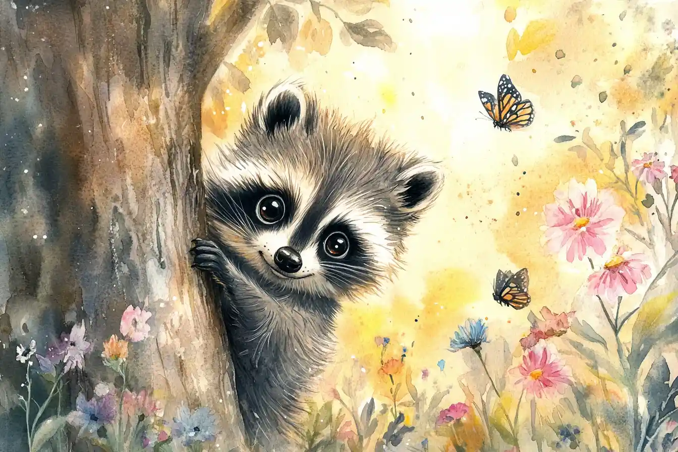 Whimsical Baby Raccoon Peeking From Tree In Sunny Forest