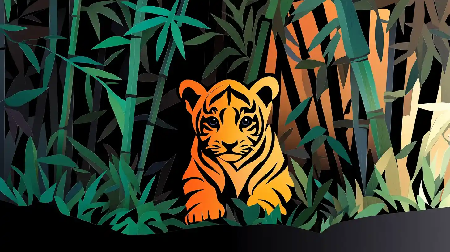 Cucciolo di tigre giocoso nascosto nella foresta di bambù al crepuscolo