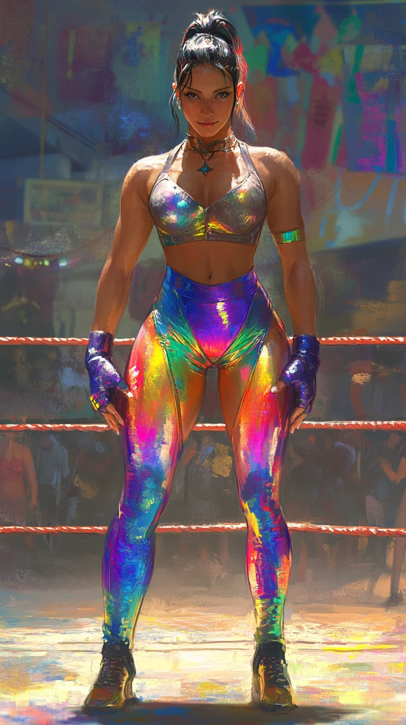Farbige Wrestlerin posiert in dynamischer Kampfhaltung