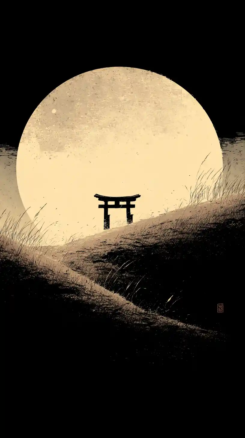 Einsames Torii-Tor unter einem weiten, blassen Vollmond