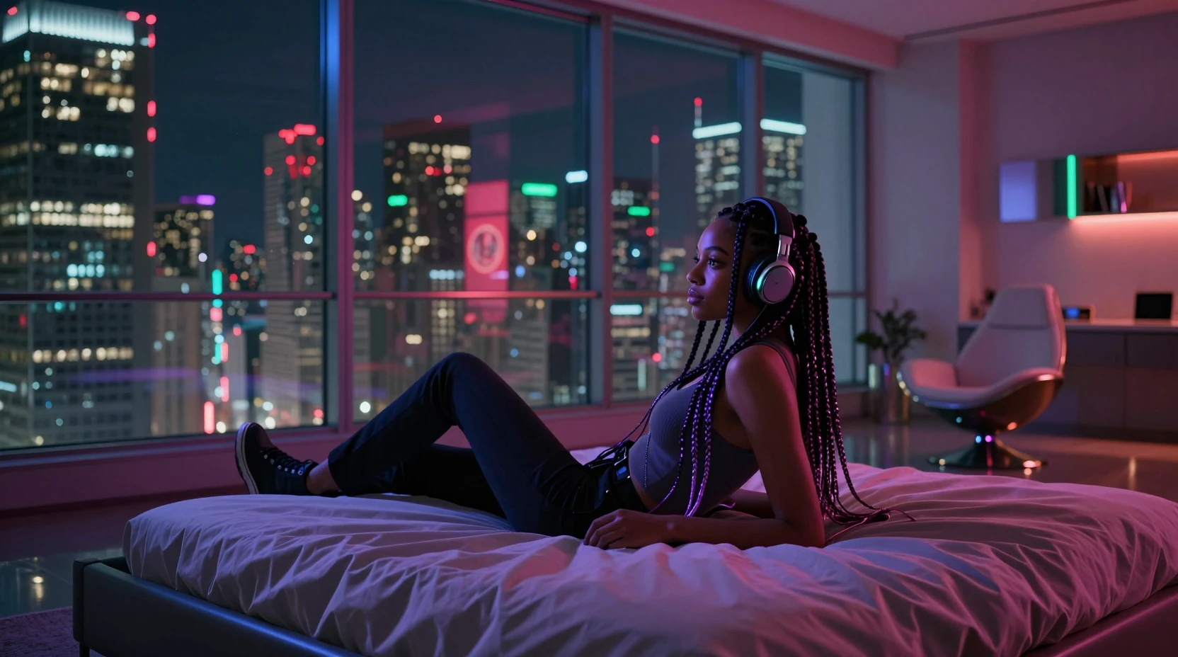 Donna afrofuturista che ascolta musica in una camera da letto al neon in città