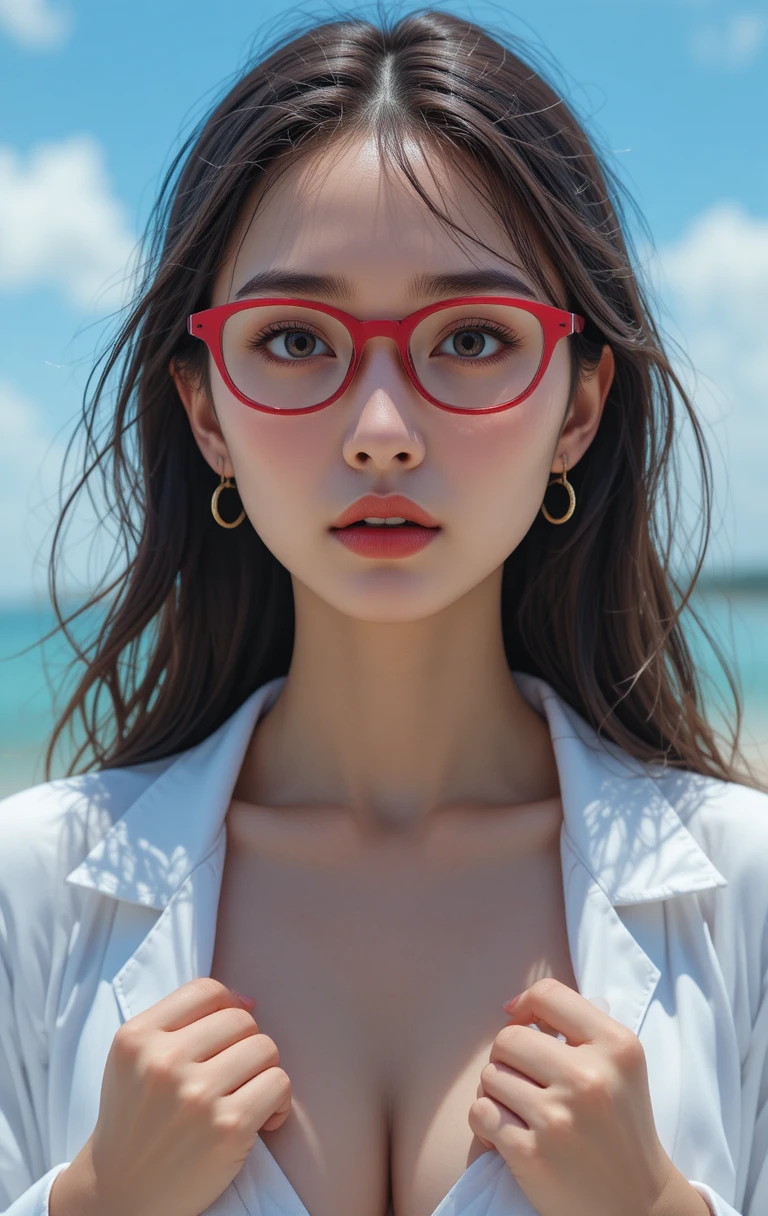 戴紅色眼鏡的憤怒女子打開白色實驗袍