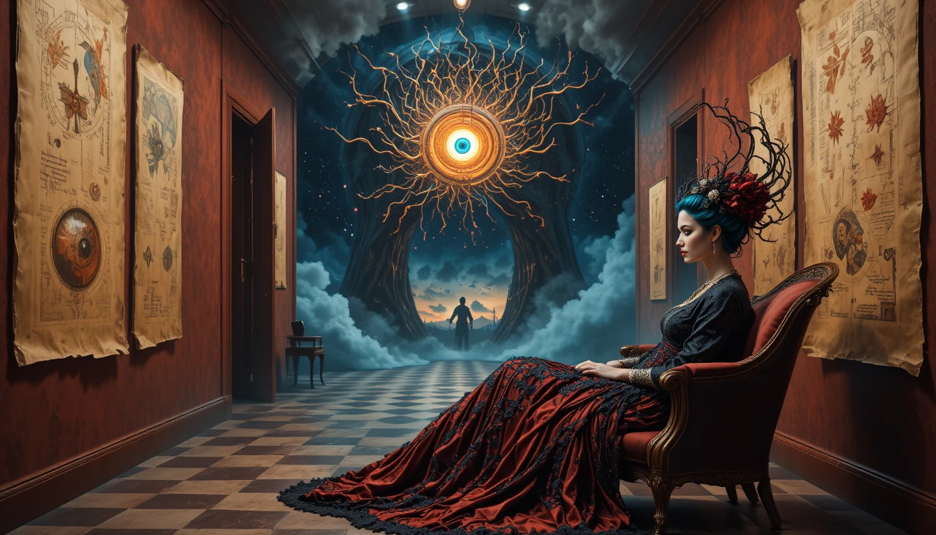 Surrealer Flur mit Schachbrettboden und fern beobachtendem Auge
