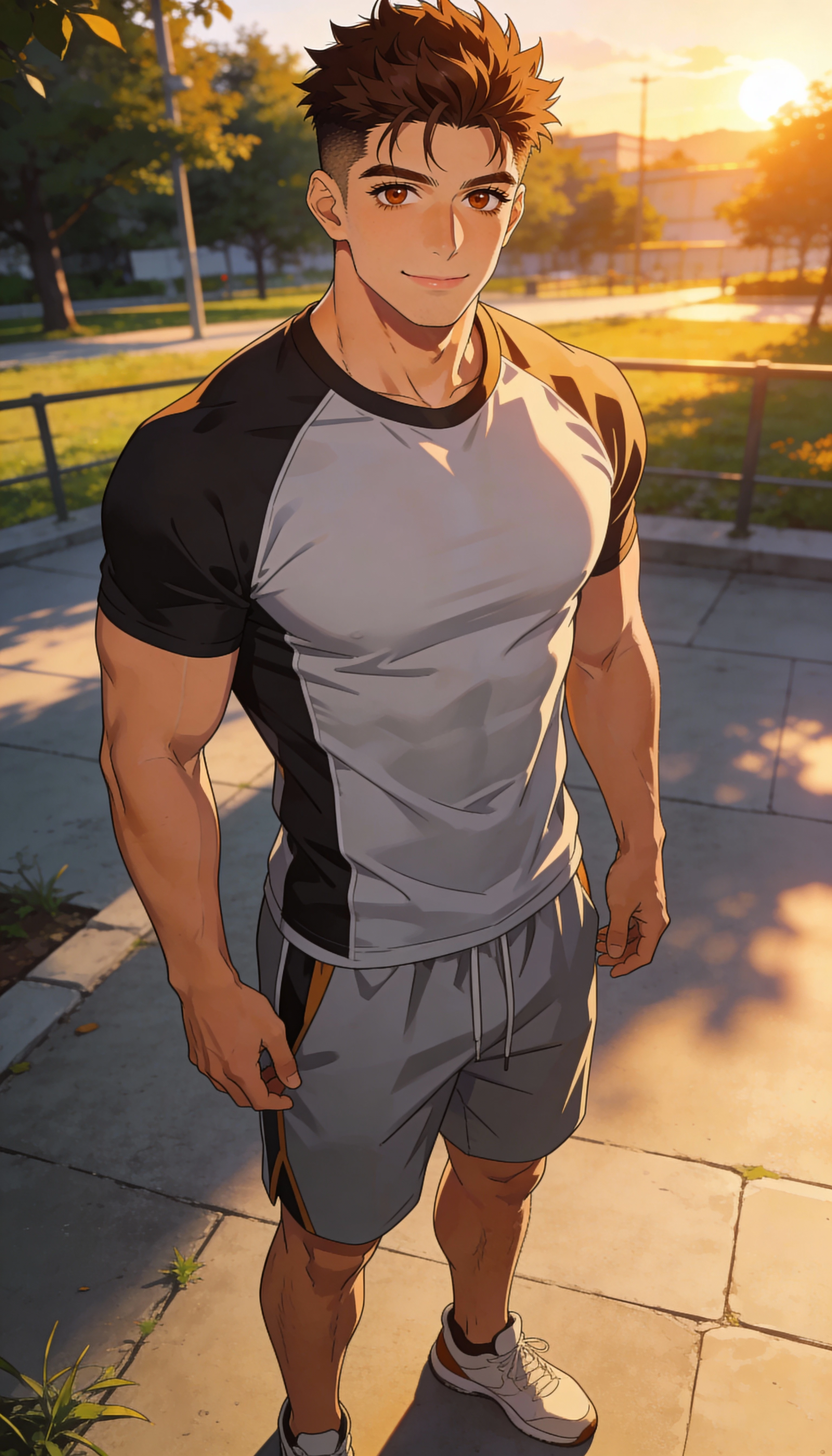 Joven confiado en estilo anime al atardecer cálido