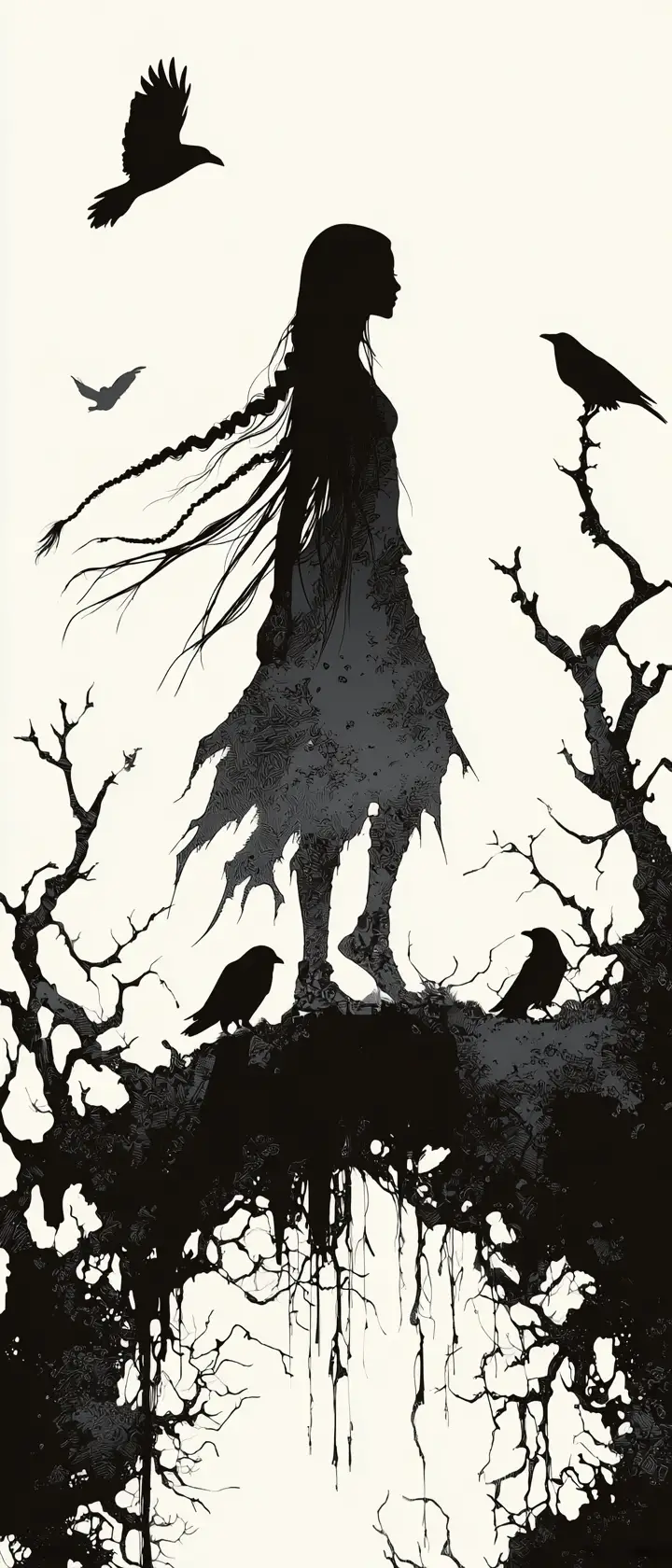 Melancholic girl walking through a moonlit haunted moor