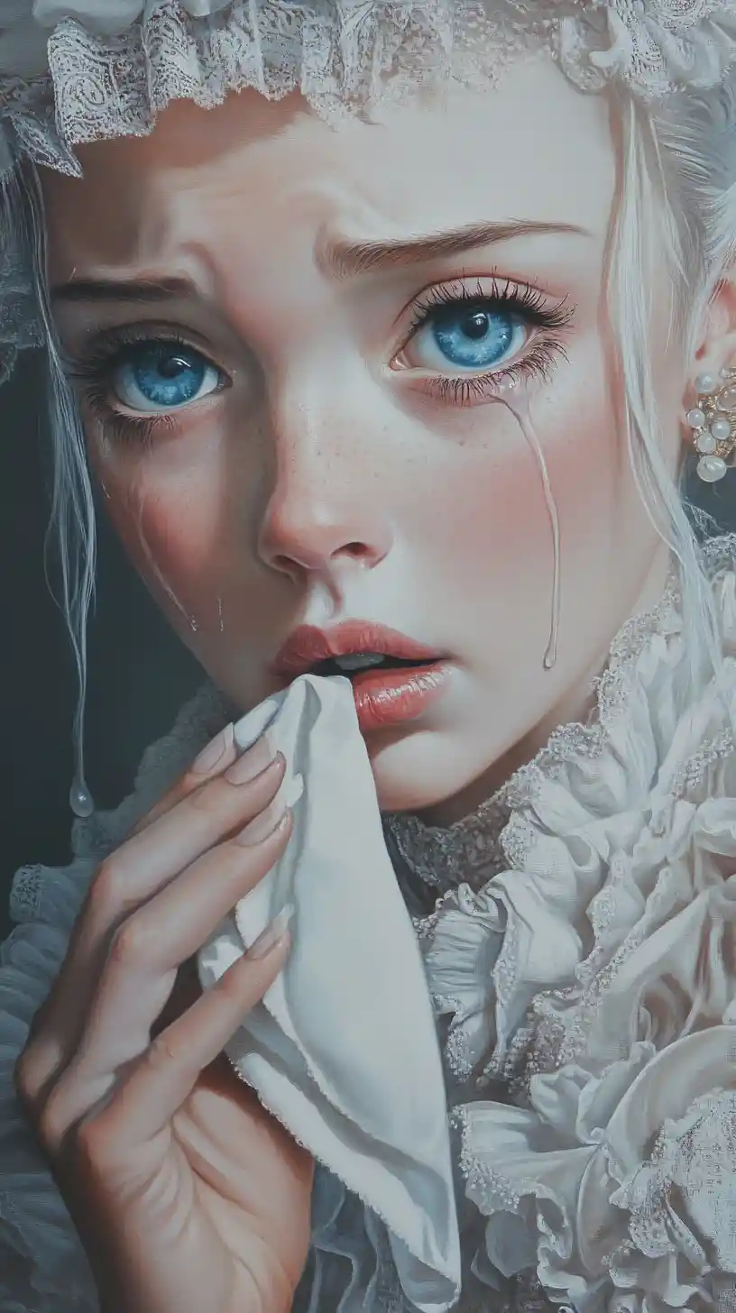 Elegant tearful woman in victorian dress on minimalist background