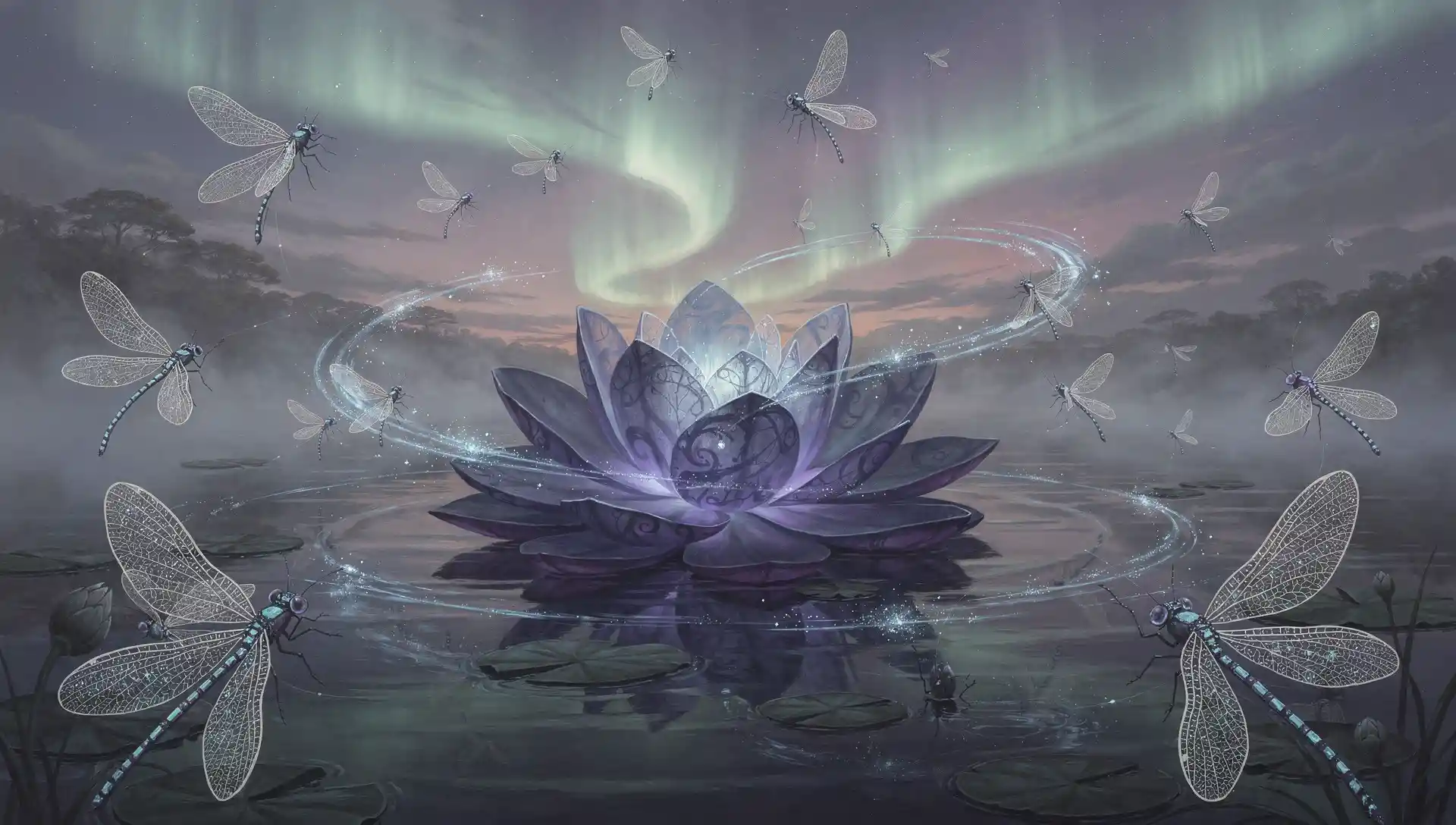 Bioluminescent Dragonflies Over A Misty Auroral Lagoon