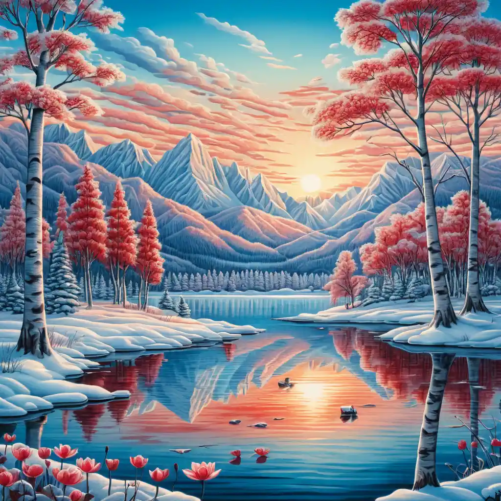 Snowy birch trees at sunrise over a mountain lake