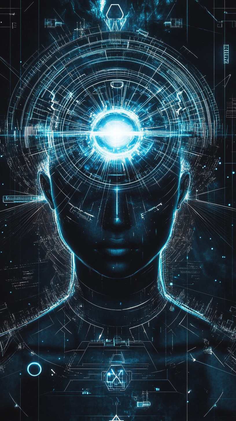 Noyau d’IA sci‑fi khémétique avec anneaux holographiques