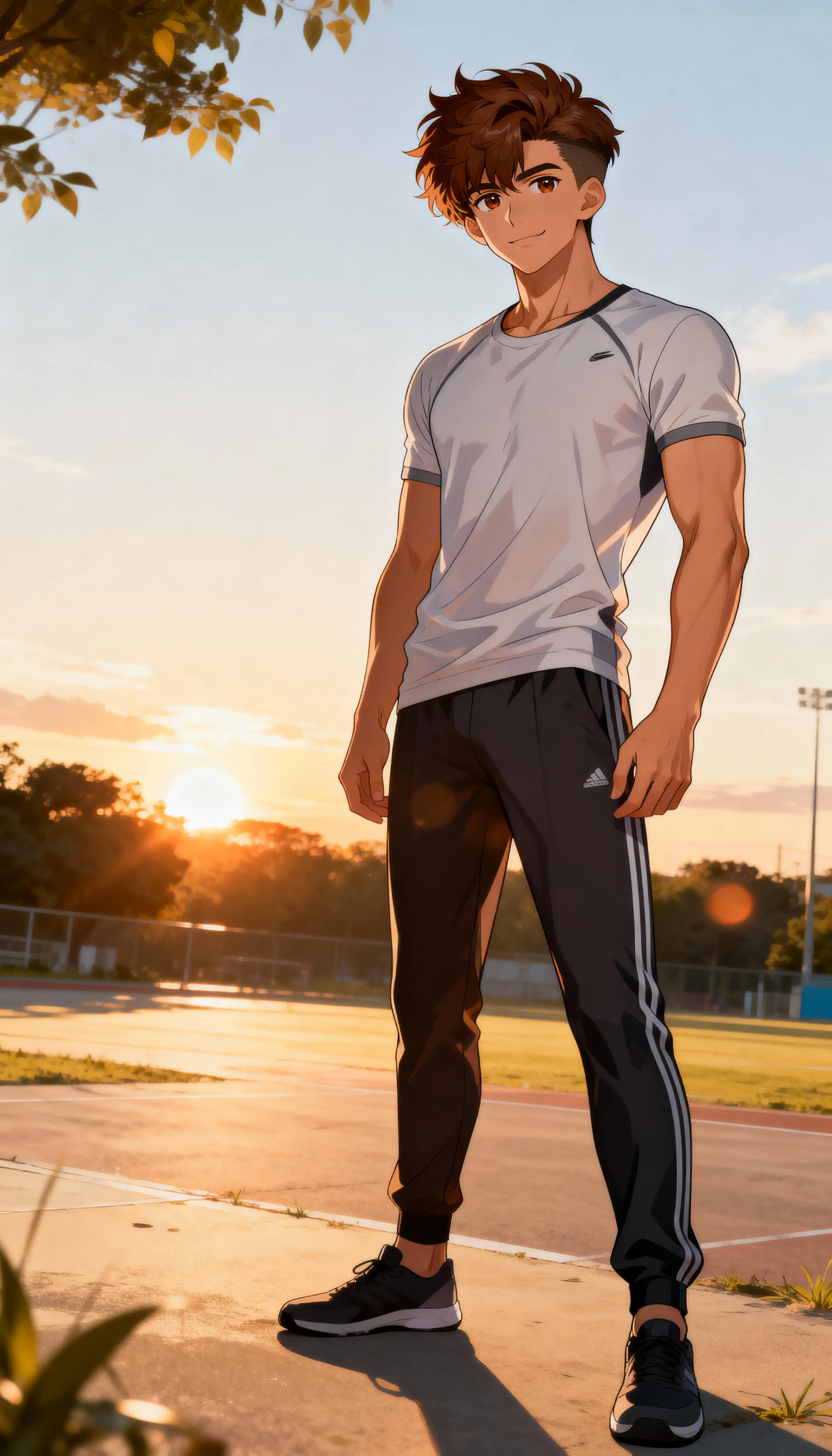 Joven atlético y tranquilo en estilo anime al atardecer