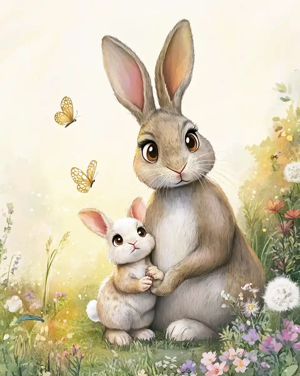 Mother rabbit and baby bunny in a soft watercolor meadow