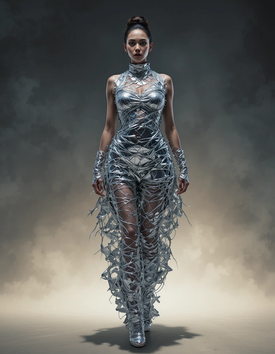 Mujer con vestido dinámico de papel de aluminio sobre fondo degradado