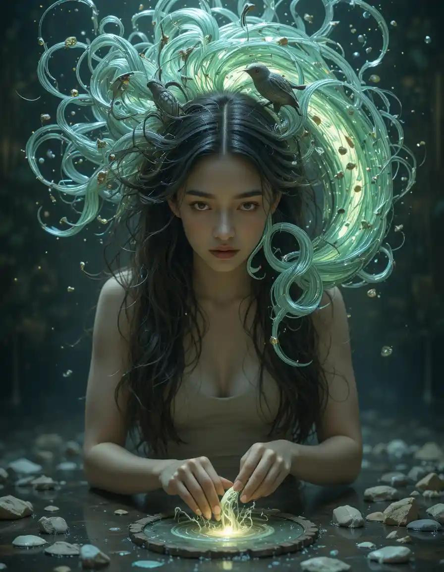 Woman with cascading river hair woven from flowing time