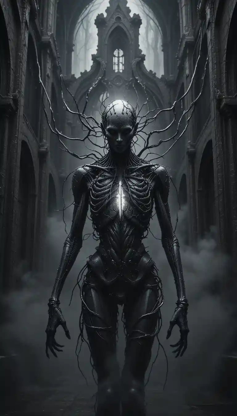 Figura biomecánica fragmentada que emerge de profundidades sombrías
