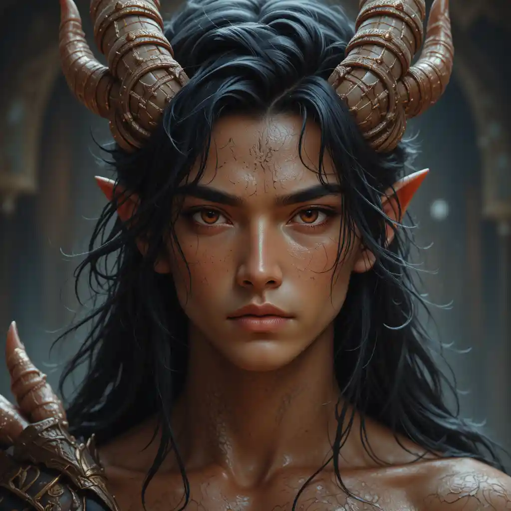 Young dragon man with dark horns in a fantasy world