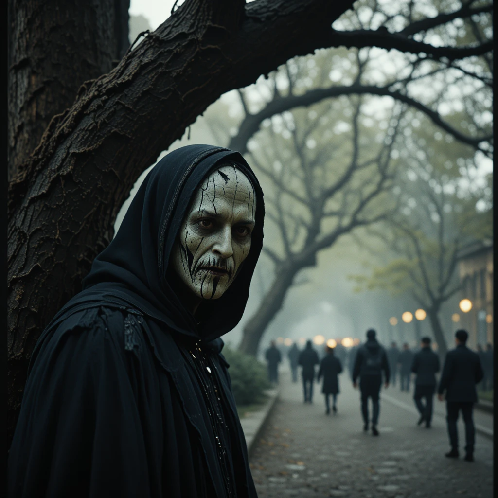 Close up ghost behind an iron tree wearing a broken mask