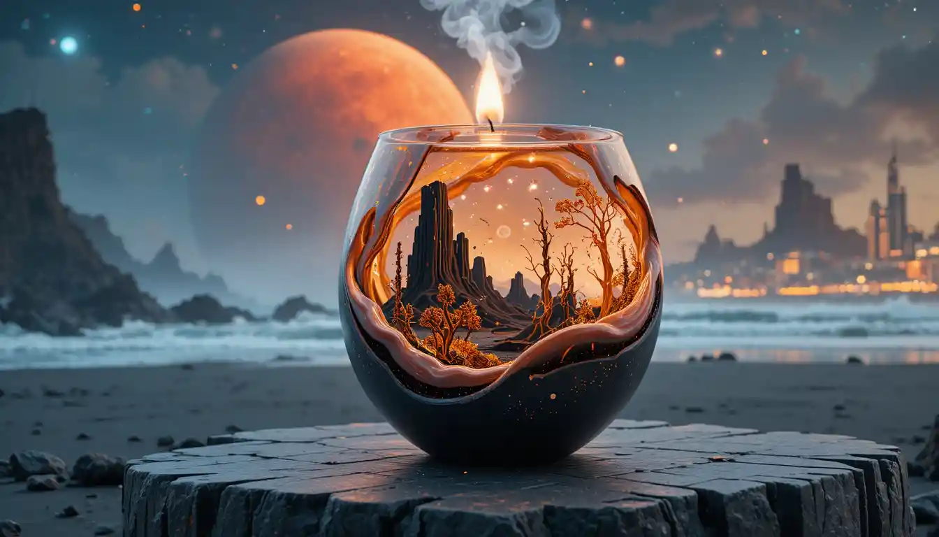 Surreal candle holding galaxy and alien desert within wax