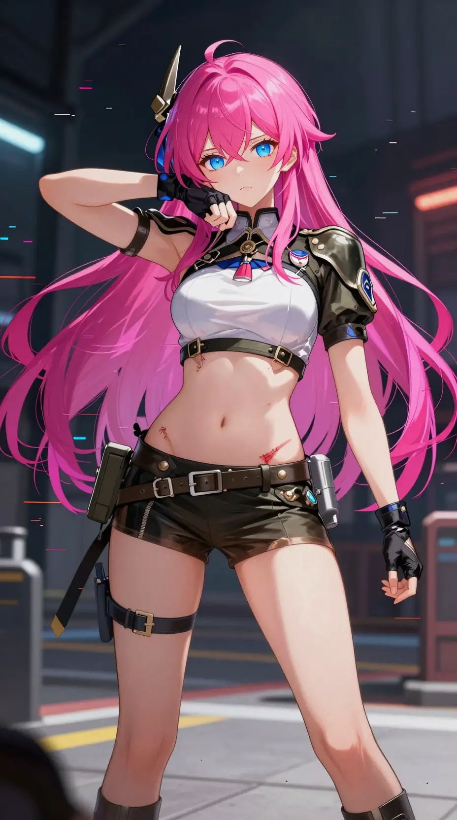 Young anime woman in short military outfit in public