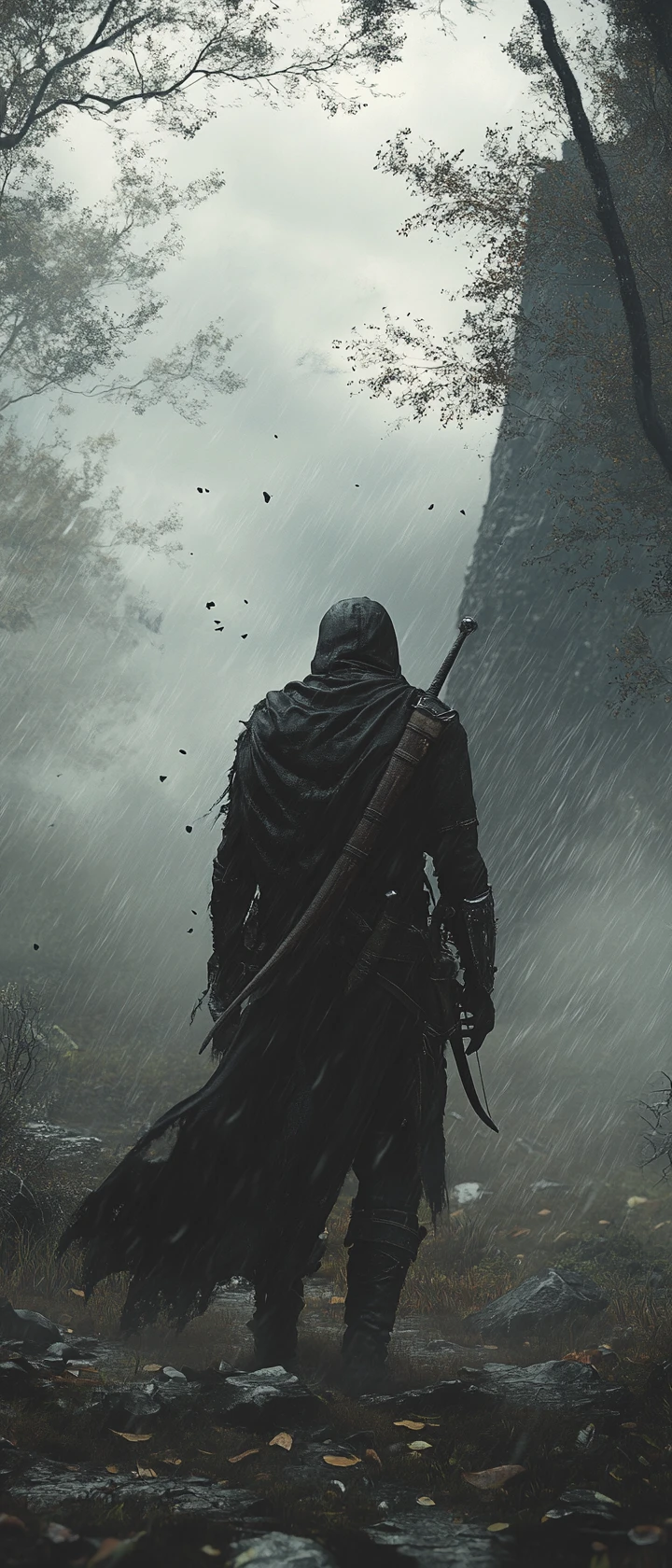 Lone ranger at the edge of a misty ancient forest