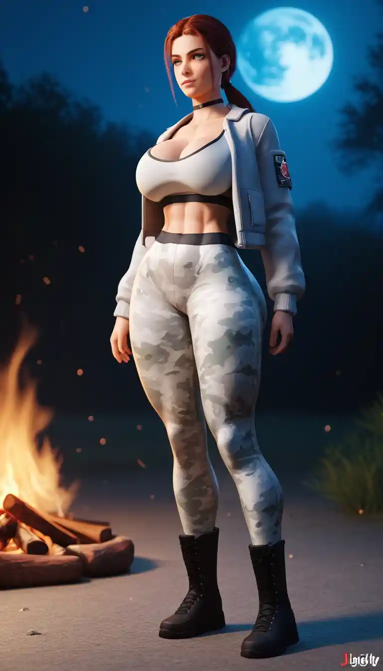 Archer goddess warrior woman by a moonlit campfire