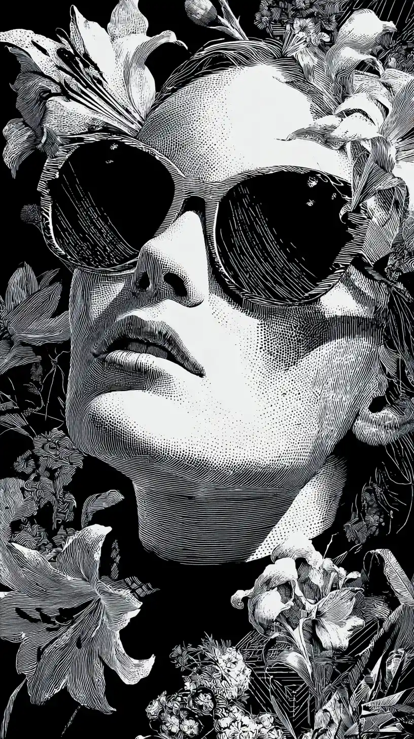 Surreal woman in sunglasses with flowers in monochrome portrait