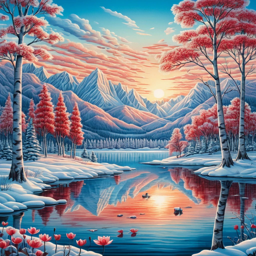 Snowy birch trees at sunrise over a mountain lake