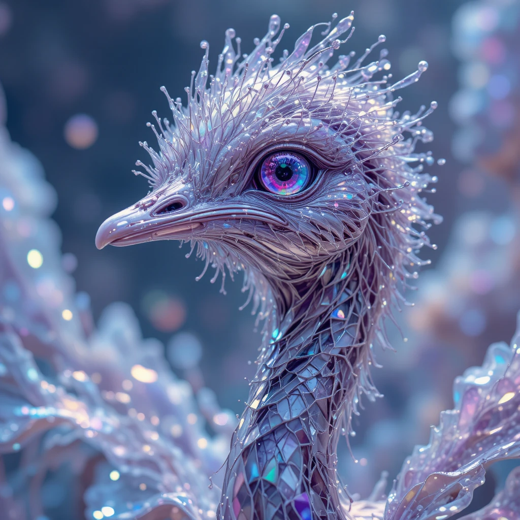 量子鴕鳥於流動全息銀色與紫水晶層中綻放