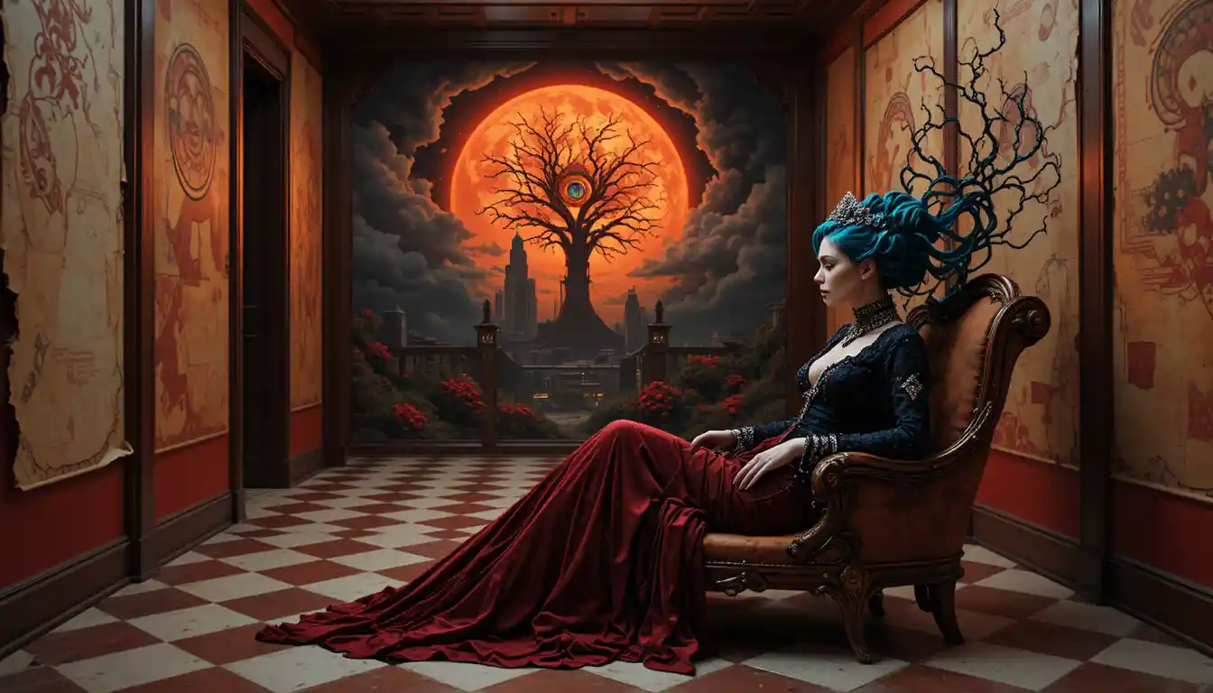 Surreal corridor with checkered floor and distant watching eye