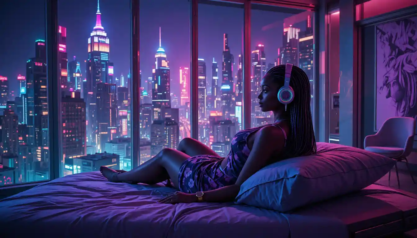 Mulher afrofuturista ouvindo música em quarto iluminado por neon