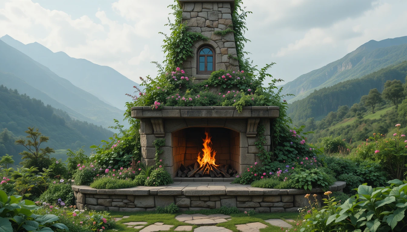 Cozy mountain house garden with outdoor fireplace