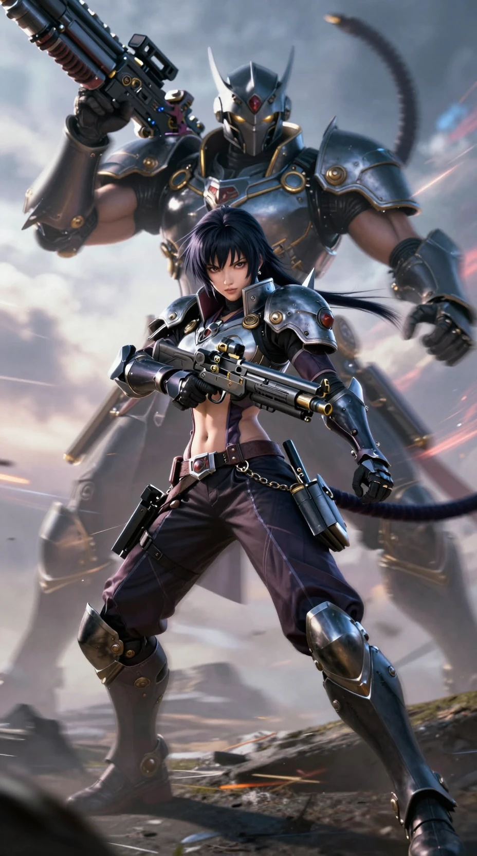 Anime warrior woman with futuristic armor and massive gun