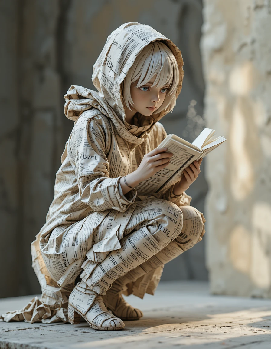 Escultura de niña de papel leyendo un libro con luz suave