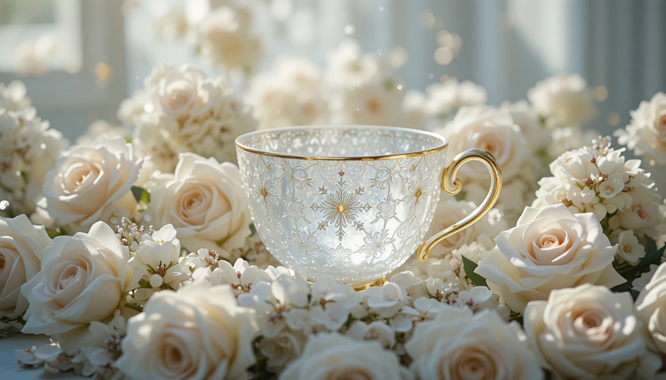 Rosas blancas rodeando una taza de porcelana cristalina