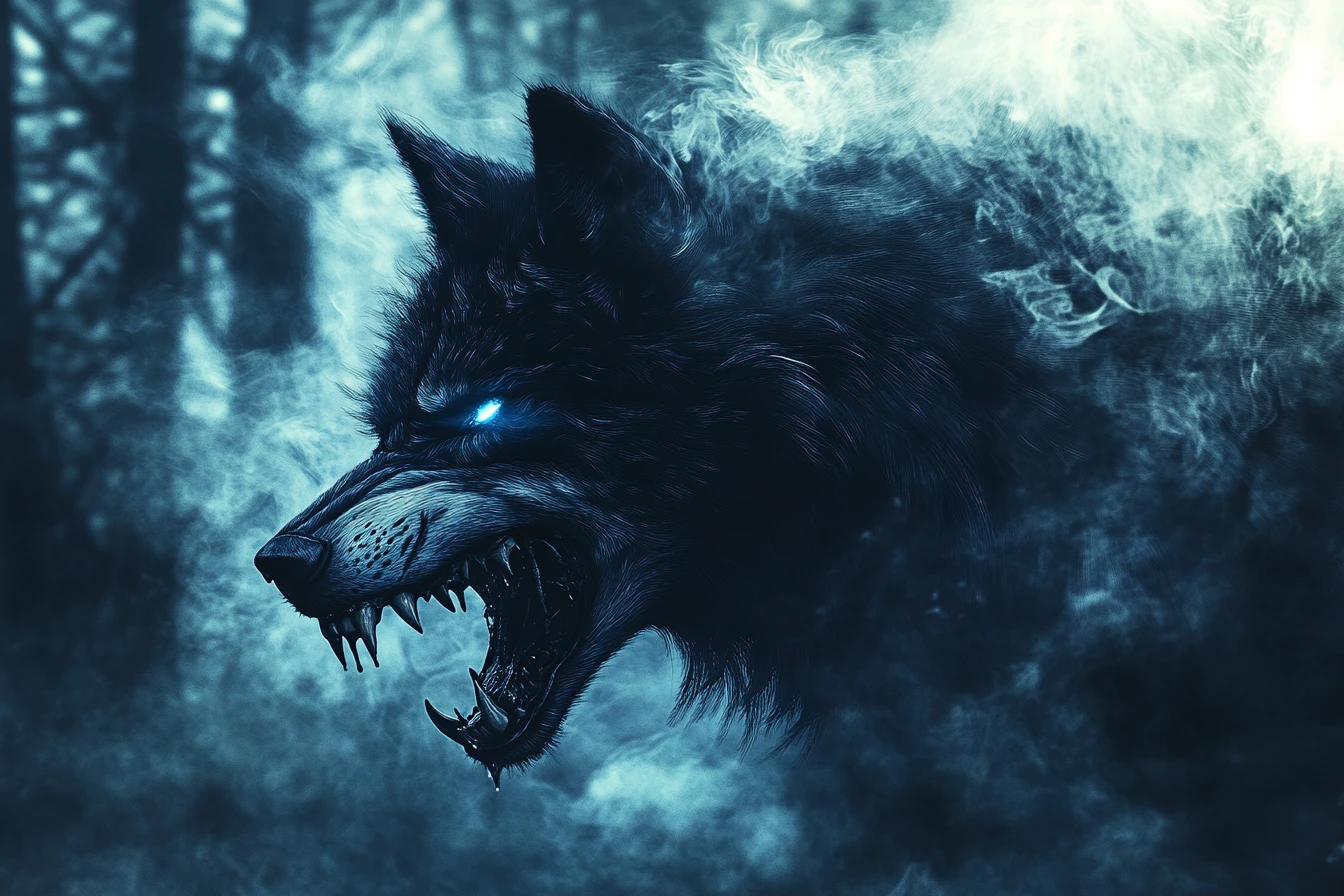 Howling wolf at the edge of a moonlit forest