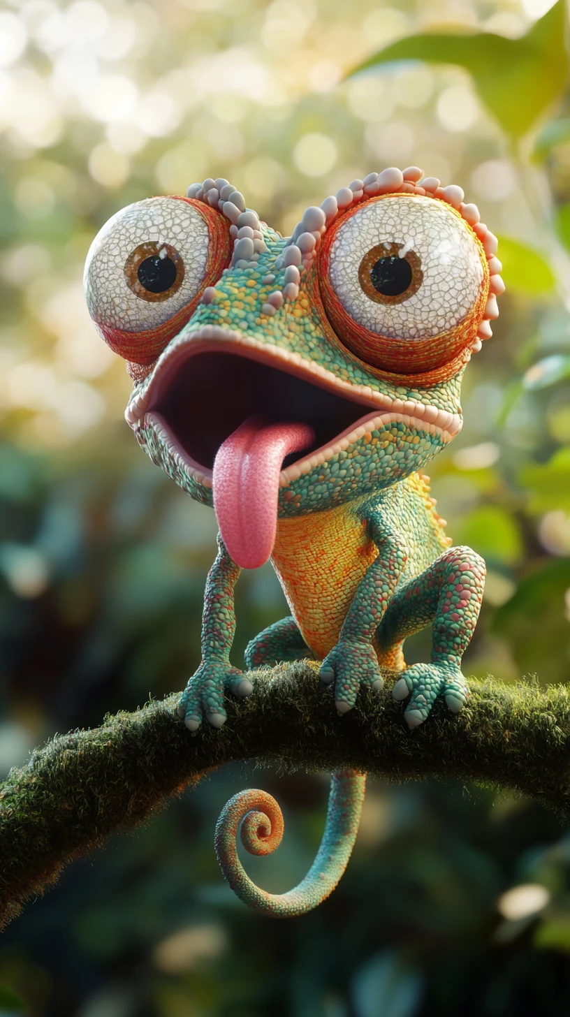 Playful cartoon chameleon on a mossy branch in jungle light