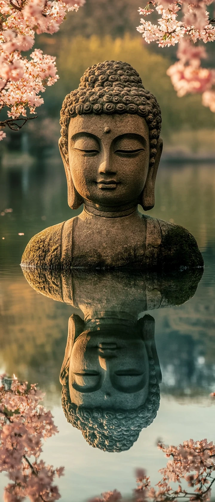 Serene Buddhastatue am ruhigen Seeufer mit Spiegelung