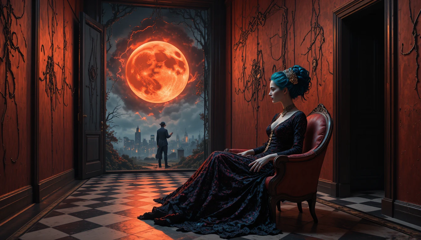 Surreal hallway with checkered floor and distant watching eye
