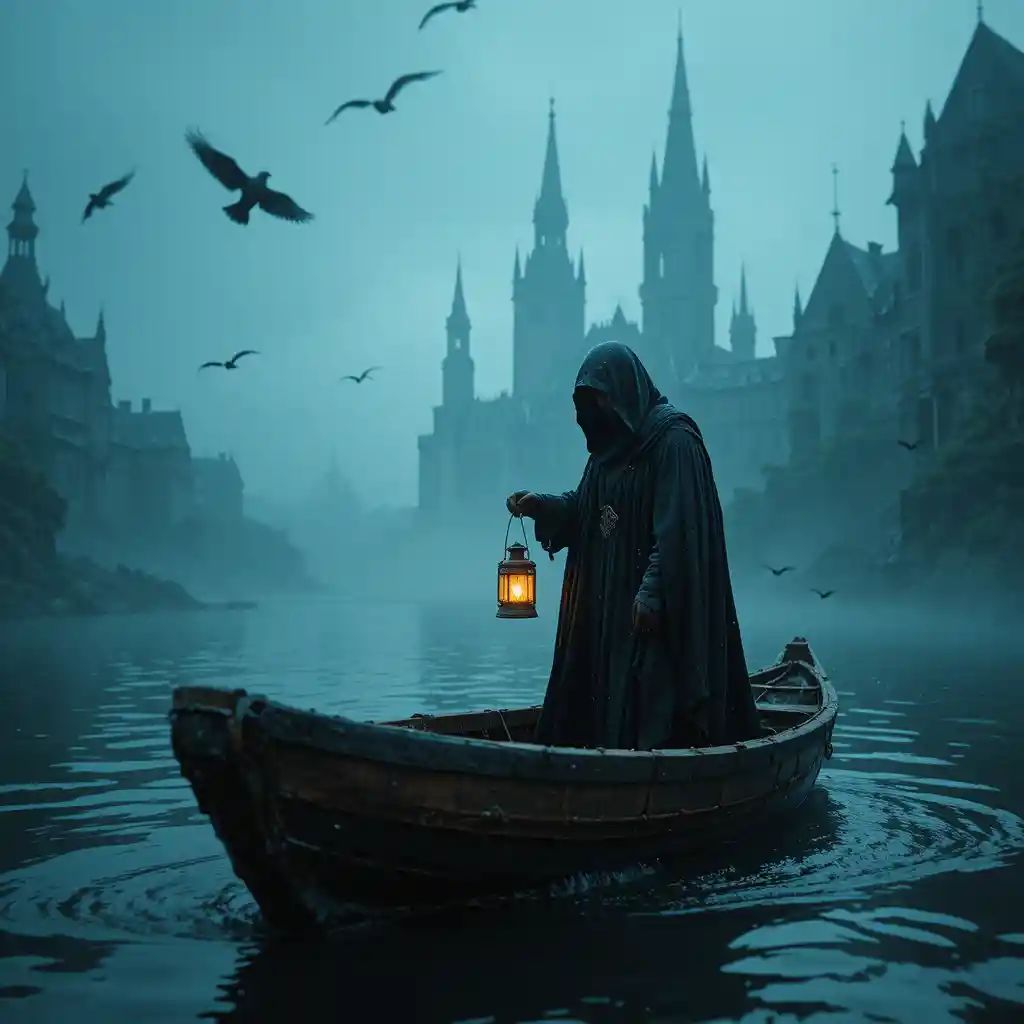 Hooded figure in a boat on a misty gothic river