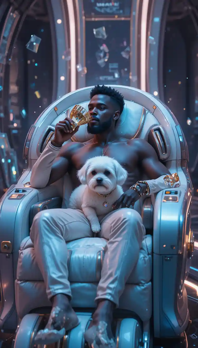 Afrofuturistic man relaxing in a luxurious high tech chair