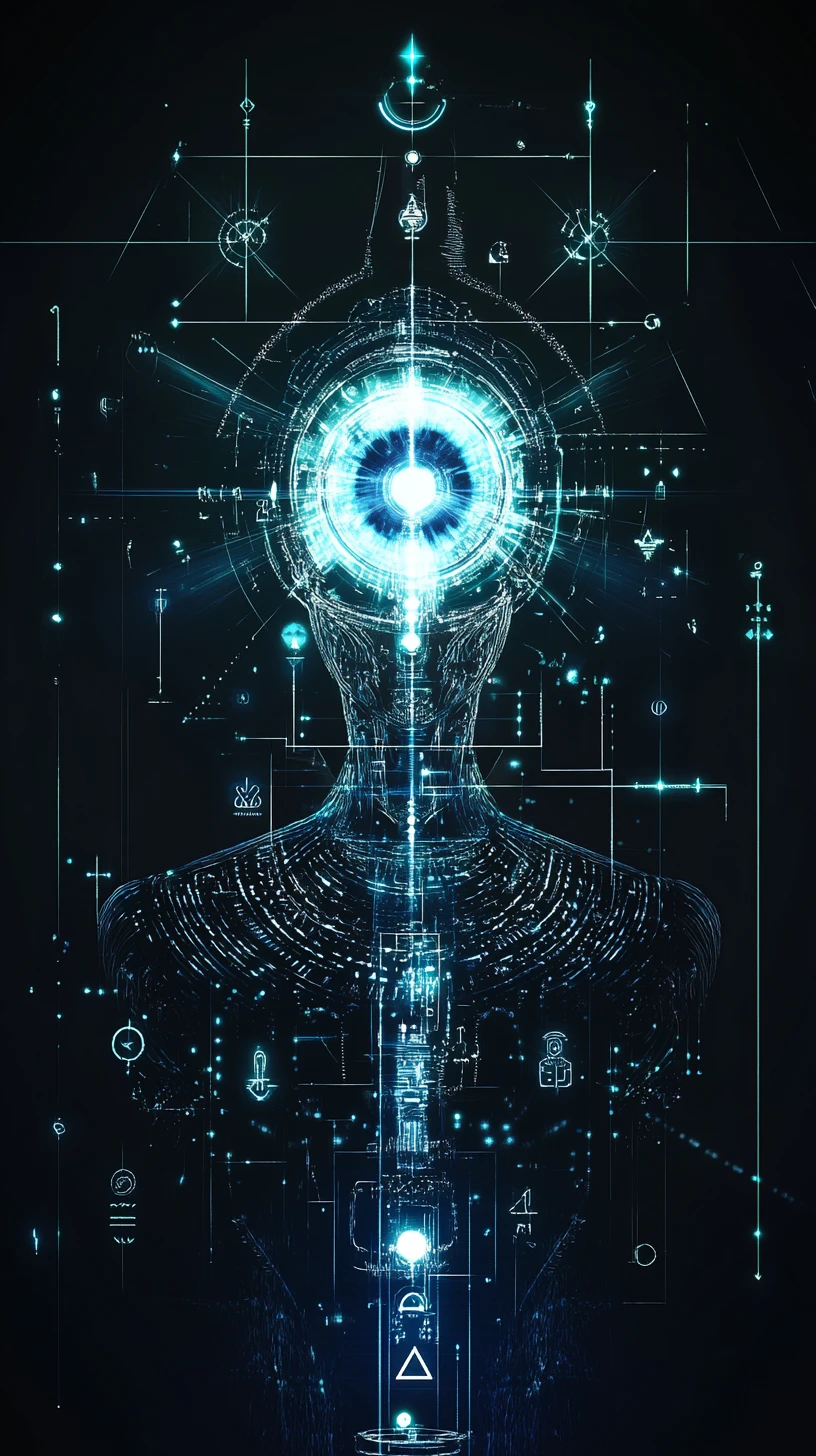 Kemetischer Sci-Fi-AI-Kern mit holografischen Interface-Ringen
