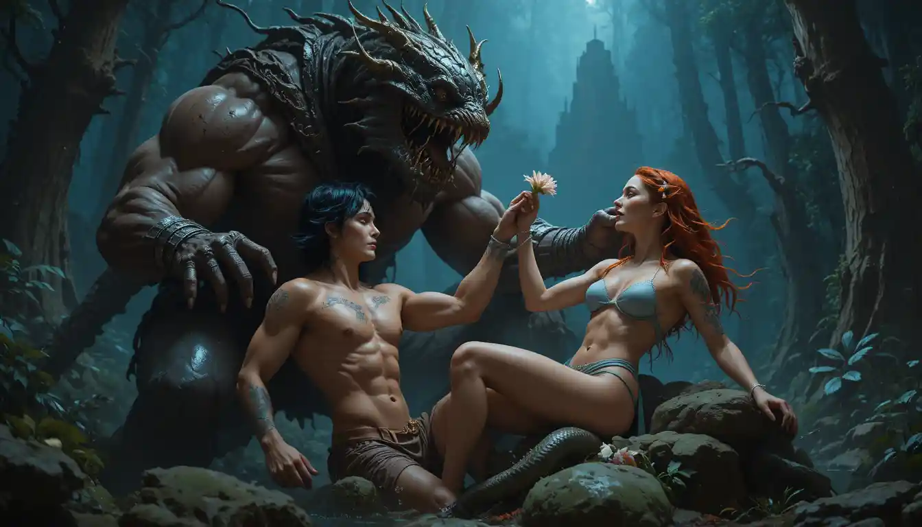 Muscular warrior faces demonic creature in dark forest