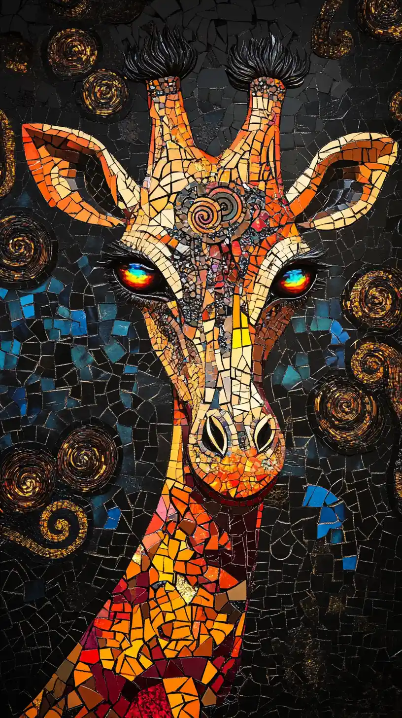 Mystical fantasy giraffe made of cracked ceramic tiles