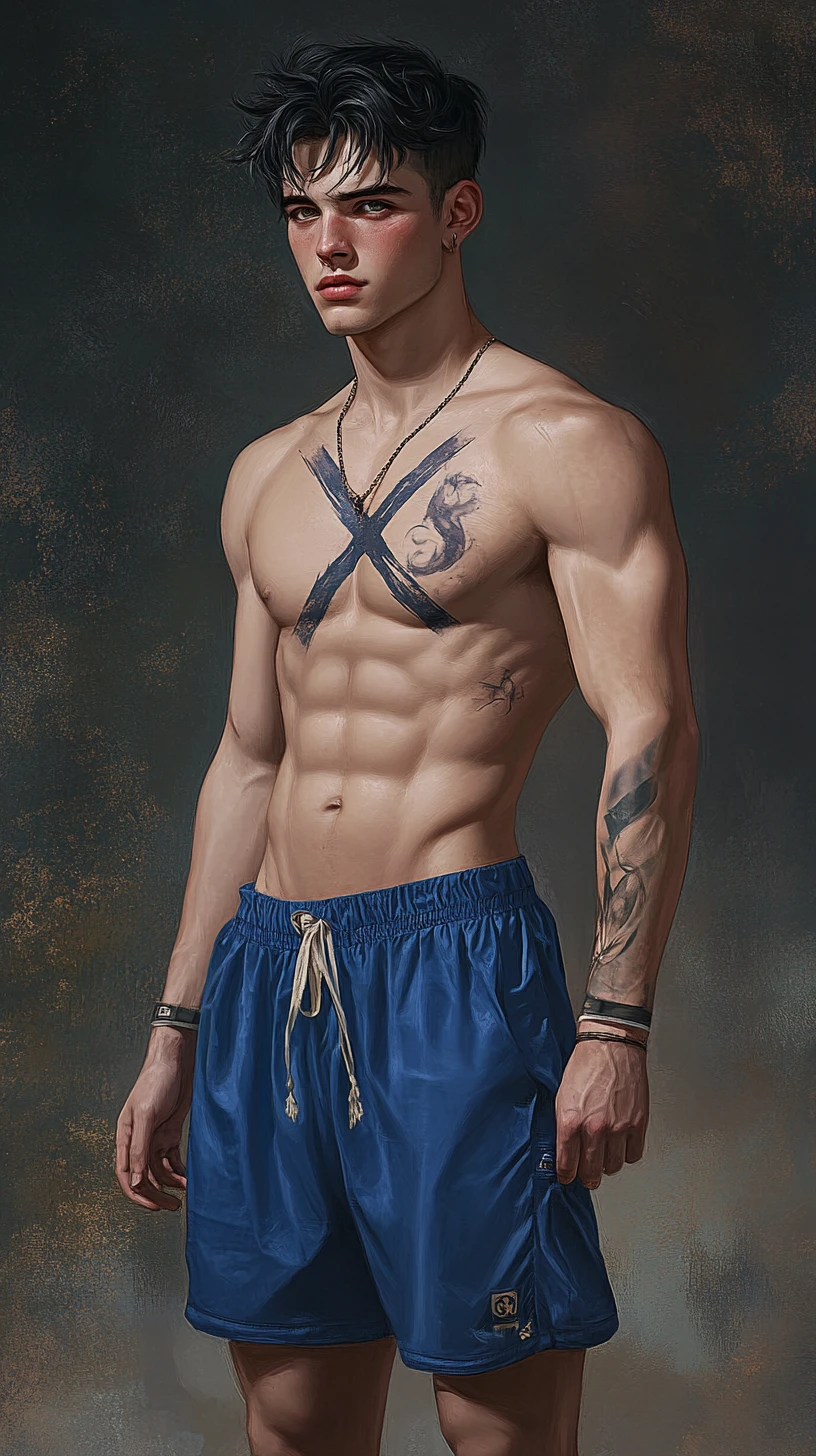 Confident young man with chest scar in blue shorts
