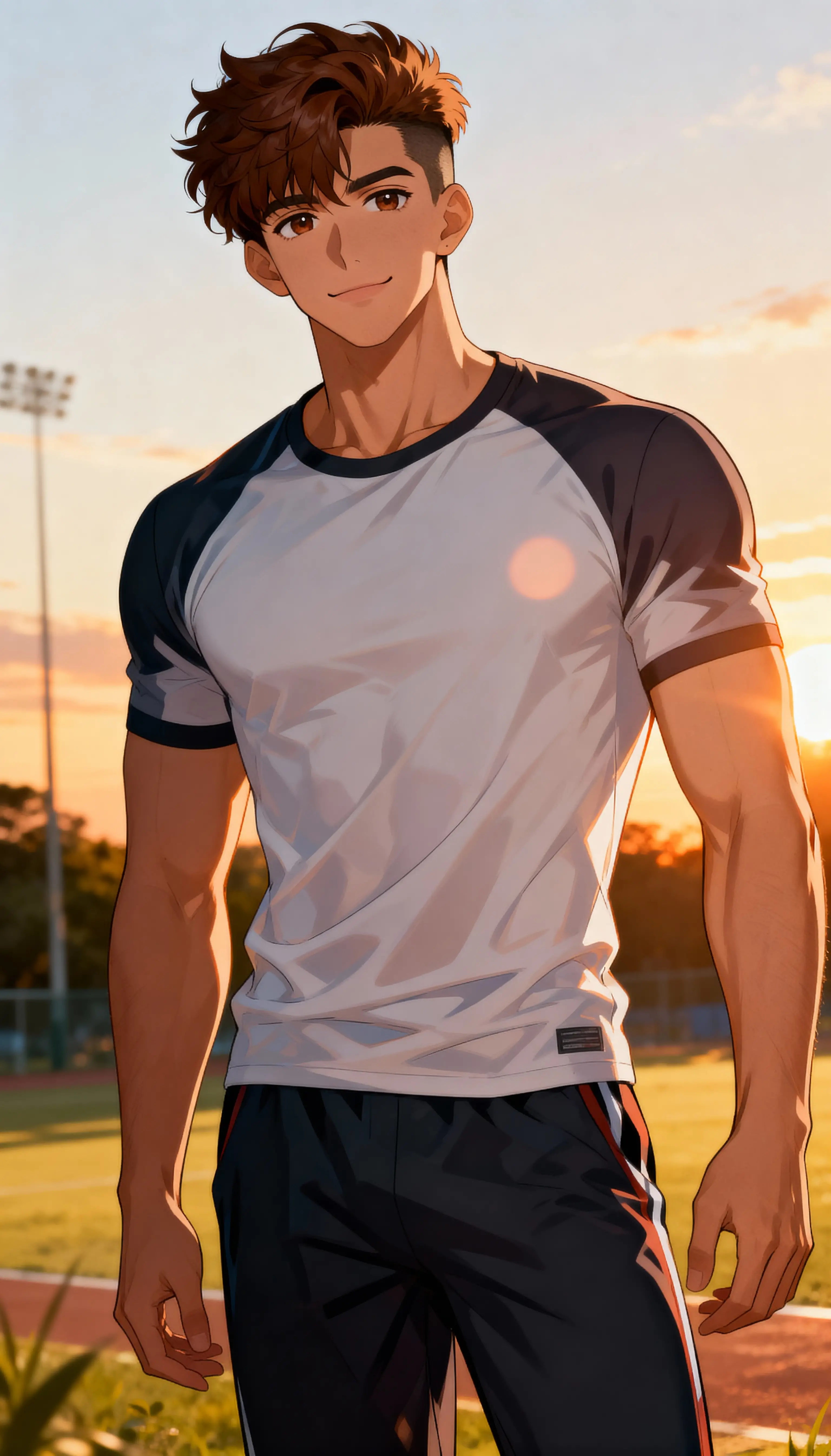 Hombre de anime tranquilo de pie al aire libre al atardecer cálido