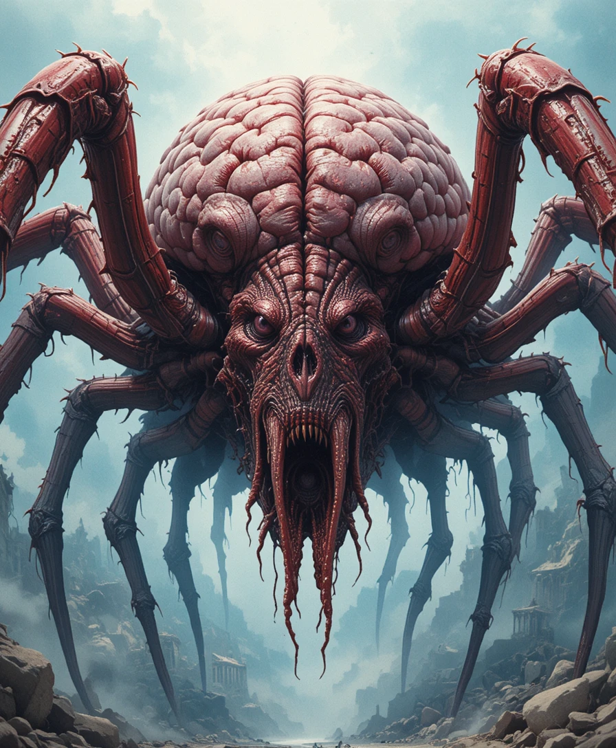 Monstruo grotesco de araña cerebral con múltiples ojos en primer plano