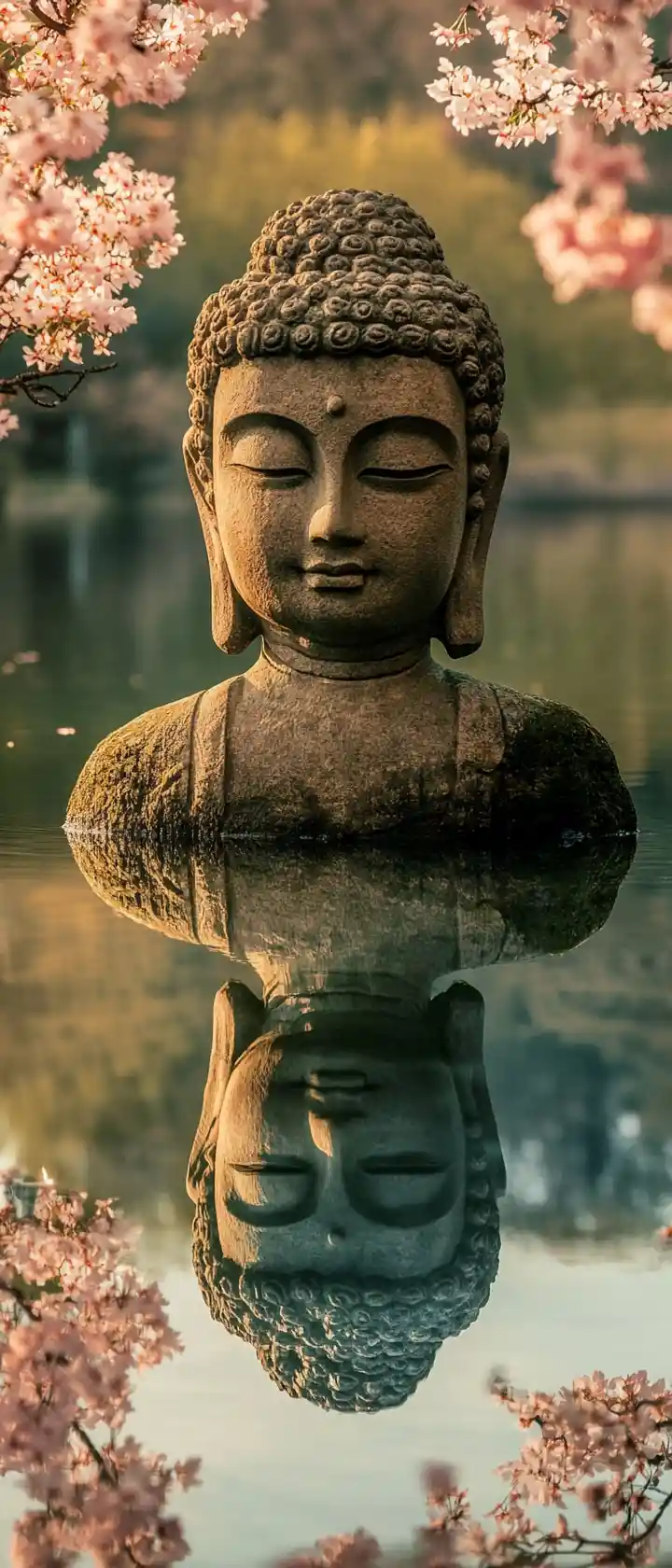 Serene Buddhastatue am ruhigen Seeufer mit Spiegelung