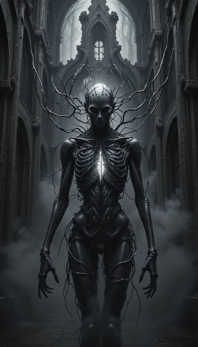 Fragmented biomechanical figure emerging from shadowed depths